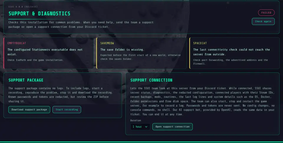The Support & Diagnostics tab